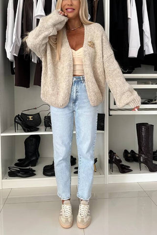 Explore Autumn Knit Open Front Long Balloon Sleeve Loose Cardigan