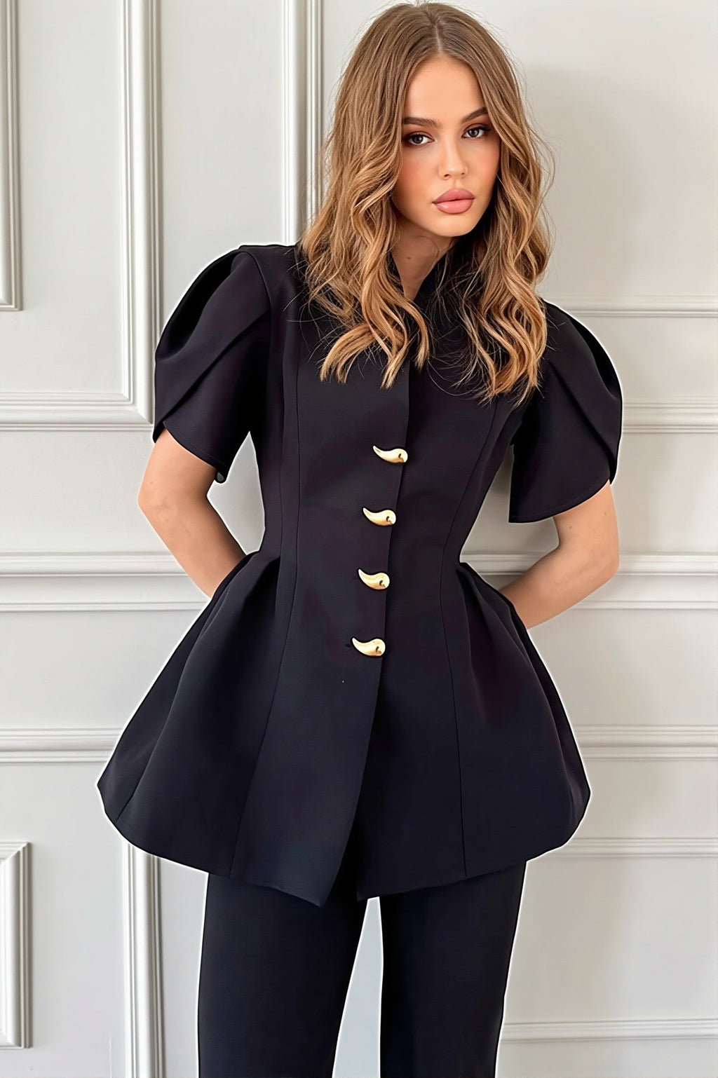 Petal Sleeve Ruffle Hem Fitted Blouse