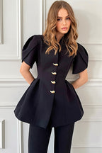 Petal Sleeve Ruffle Hem Fitted Blouse