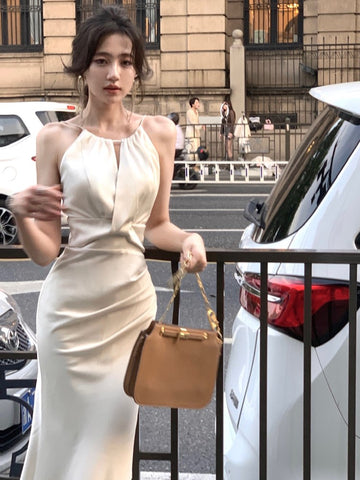 Nuevo vestido midi de verano para mujer, elegante, sin mangas, liso, con cuello halter, ajustado, de sirena, para fiesta de noche, vestido de graduación, vestido de una pieza 