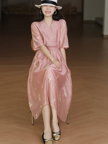 Women Summer Artsy Floral Embroidery Draped Drawstring Dress