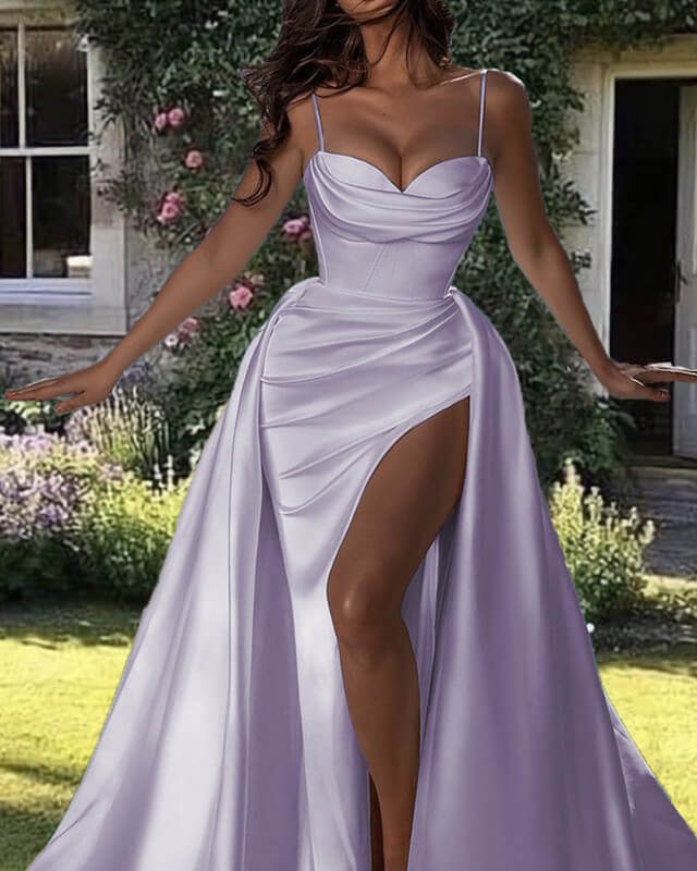 Vestido de fiesta estilo sirena, de satén lila y tirantes finos, corte princesa, corte A