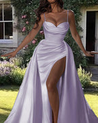 Vestido de fiesta estilo sirena, de satén lila y tirantes finos, corte princesa, corte A