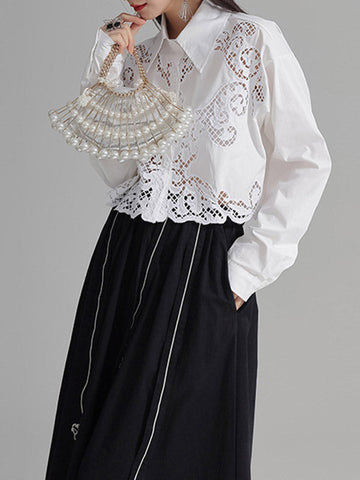 Lange Ärmel Lose Geknöpft Hohl Einfarbig Revers Blusen &amp; Hemden Tops 