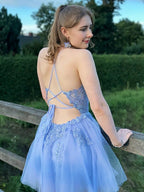 Kurzes, a-Linienförmiges Homecoming-Kleid aus rosafarbenem Tüll mit Applikationen