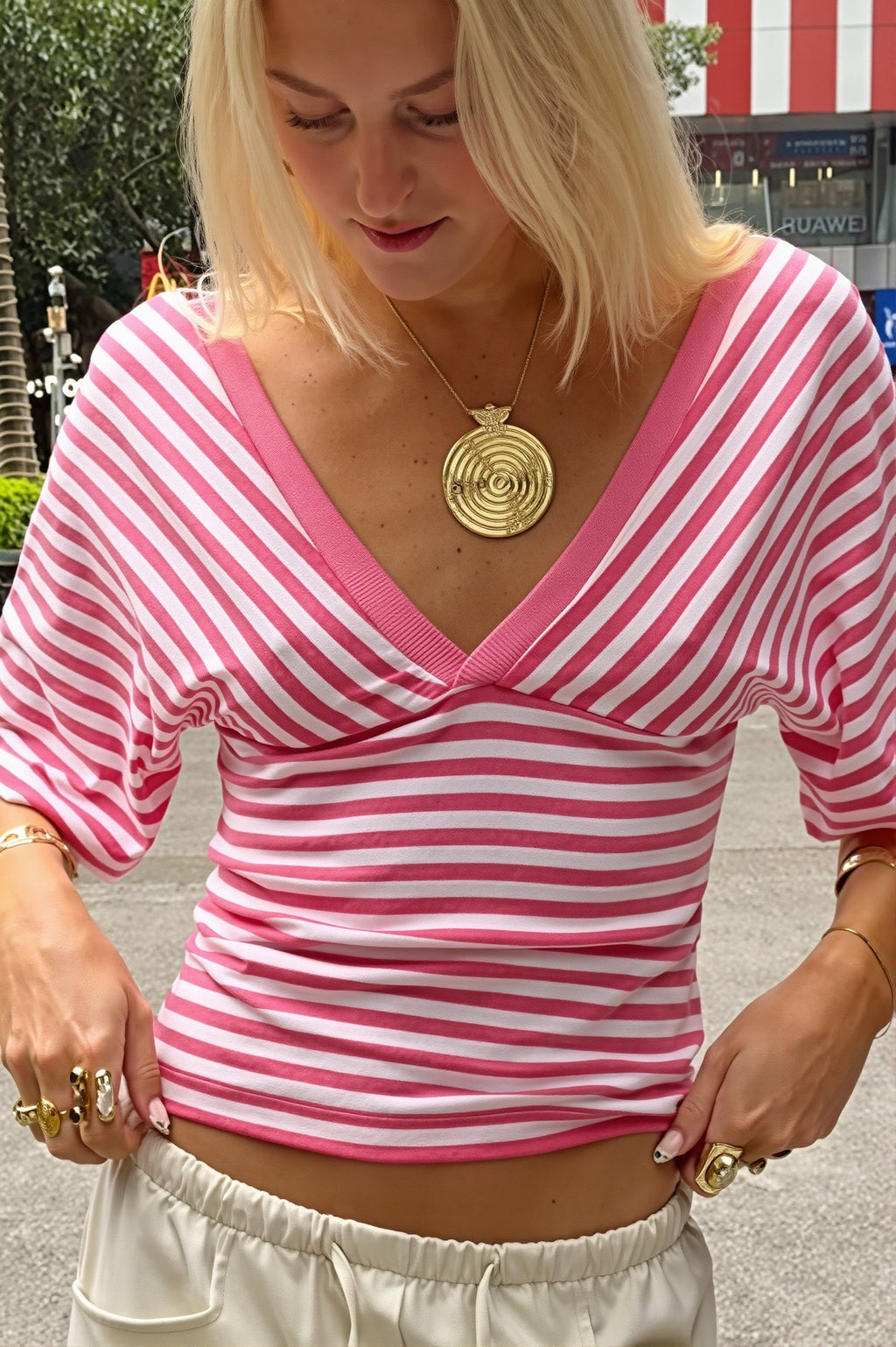 Casual Color Block Stripe V Neck Blouse