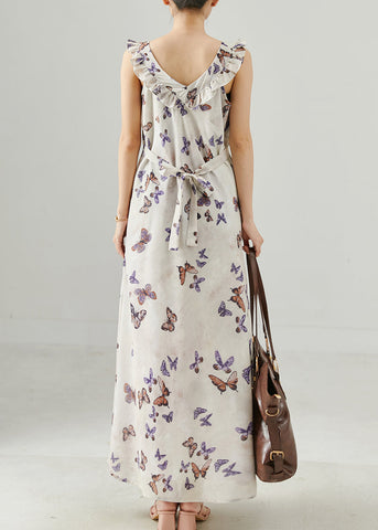 Französisches weißes Rüschenkleid aus geblümter Baumwolle mit Knöchellänge, Sommer 