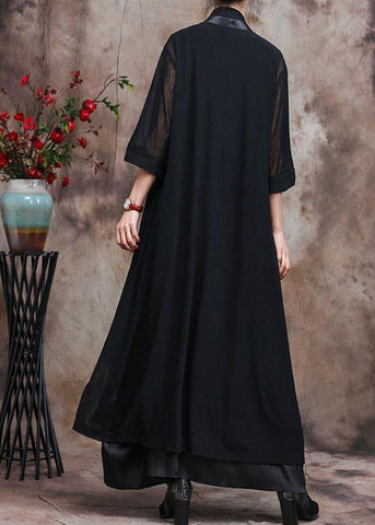 French Asymmetric Flowy Black Chiffon Cardigan Oversized Coats