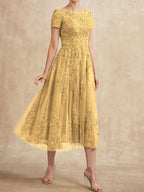 A-Linien-Kleid aus Tüllspitze mit Rundhalsausschnitt und Teelänge für die Mutter der Braut 