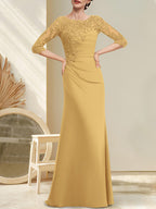 A-Linien-Kleid aus Chiffon und Spitze in Bodenlänge für die Mutter der Braut mit Perlenstickerei, Falten und Pailletten