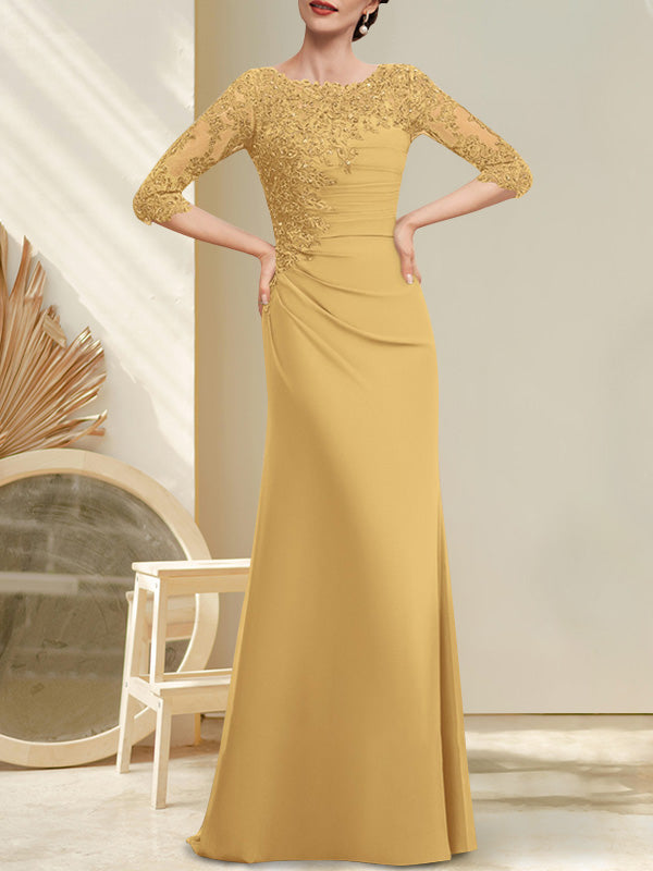 Vestido de gasa para madre de la novia, corte A, largo hasta el suelo, con encaje, cuentas y lentejuelas plisadas