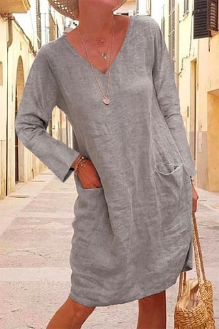 Meridress V Neck Long Sleeve Pockets Cotton Linen Dress