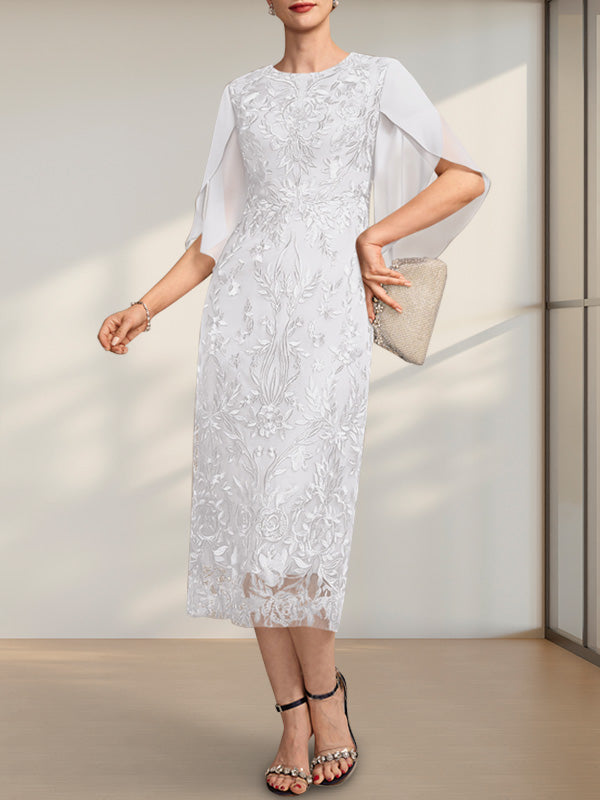 Etuikleid/Säulenkleid mit Rundhalsausschnitt, Teelänge, aus Spitze und Chiffon, ideal für die Mutter der Braut