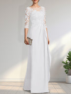 A-Linien-Kleid mit U-Boot-Ausschnitt, Illusion-Effekt, bodenlang, aus Chiffon und Spitze, mit Perlen, Pailletten und kaskadenartigen Rüschen – perfekt für die Mutter der Braut.