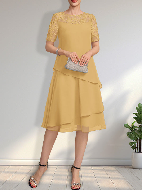 A-Linien-Kleid mit Rundhalsausschnitt, Illusion-Effekt, knielang, aus Spitze und Chiffon mit Pailletten für die Mutter der Braut