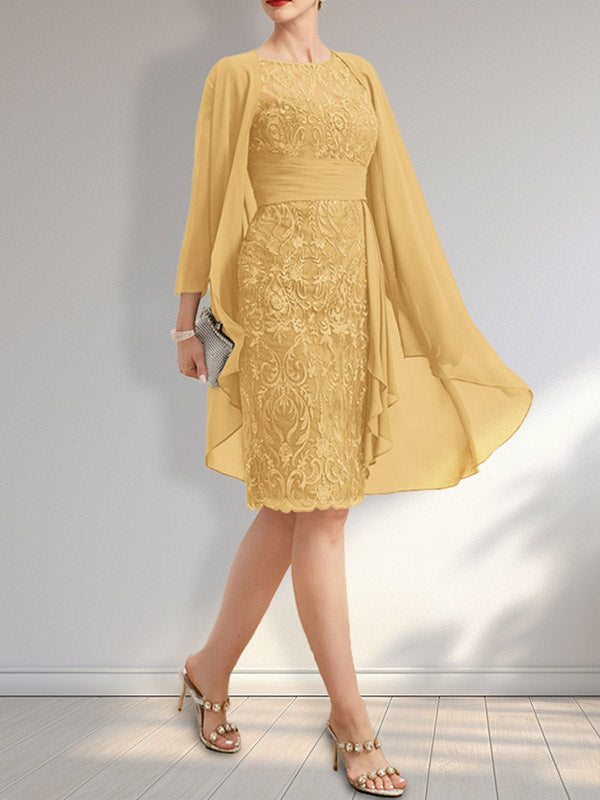 Etuikleid mit Rundhalsausschnitt, Illusion-Effekt, knielang, aus Chiffon mit Spitze, Rüschen und Pailletten – ideal für die Mutter der Braut