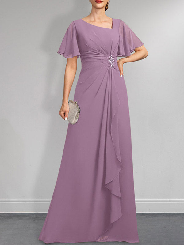 A-Linien-Kleid aus Chiffon in Bodenlänge mit asymmetrischem Schnitt, plissiert und mit Pailletten und Perlenstickerei