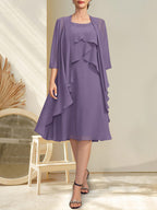 A-Linien-Chiffonkleid mit Rundhalsausschnitt und Perlenstickerei, knielang, für die Mutter der Braut