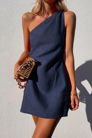 Meridress One Shoulder Solid Cotton Linen Mini Dress