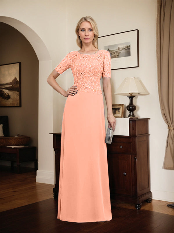 A-Linien-Kleid aus Chiffon mit Pailletten und Rundhalsausschnitt, bodenlang, für die Mutter der Braut