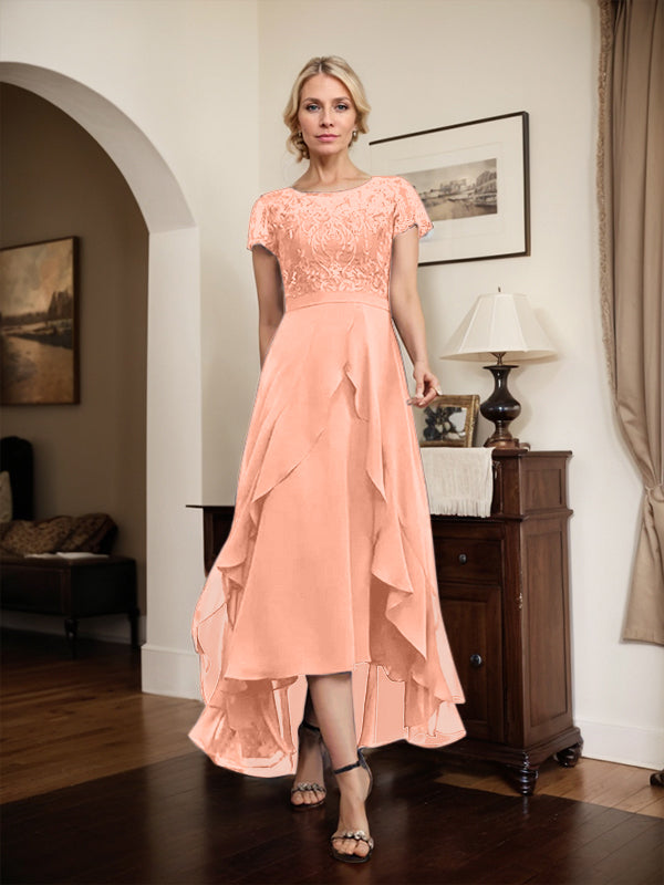 A-Linien-Kleid mit asymmetrischem Chiffon-Spitzenausschnitt, Schleife, Rüschen und Pailletten für die Mutter der Braut 
