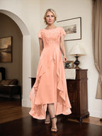 A-Linien-Kleid mit asymmetrischem Chiffon-Spitzenausschnitt, Schleife, Rüschen und Pailletten für die Mutter der Braut 