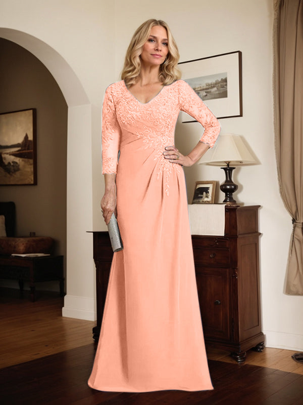 Etuikleid/Säulenkleid mit V-Ausschnitt, Illusion-Detail, bodenlang, aus Chiffonspitze und plissierten Pailletten für die Mutter der Braut 
