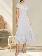 A-Linien-Kleid mit Illusion-Ausschnitt, Rundhalsausschnitt, Teelänge, Spitze und Chiffon, mit Pailletten, für die Mutter der Braut