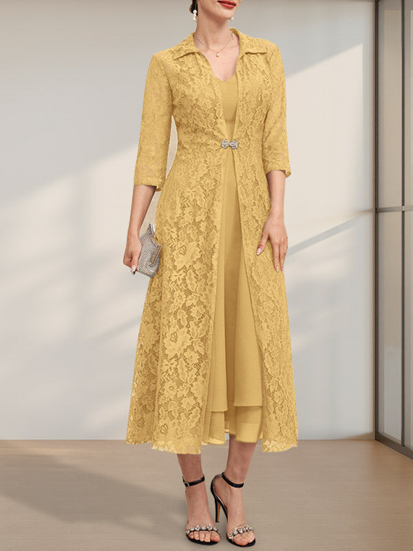 A-Linien-Chiffonkleid mit V-Ausschnitt und Teelänge für die Mutter der Braut