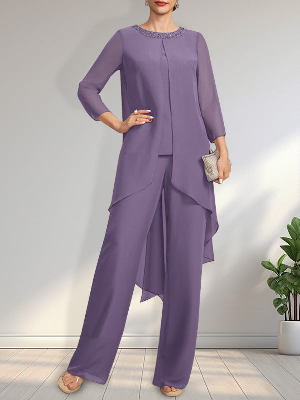 Zweiteiliger Jumpsuit/Hosenanzug, bodenlanges Chiffonkleid für die Mutter der Braut mit Paillettenbesatz und Rundhalsausschnitt.