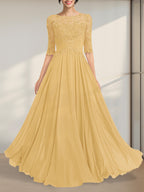 A-Linien-Kleid mit Illusion-Ausschnitt, bodenlang, aus Chiffon und Spitze, mit plissierten Pailletten und V-Ausschnitt für die Mutter der Braut
