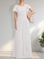 A-Linien-Kleid aus asymmetrischem Chiffon mit Illusion-Effekt, bodenlang, mit Kaskadenrüschen und Pailletten für die Mutter der Braut 