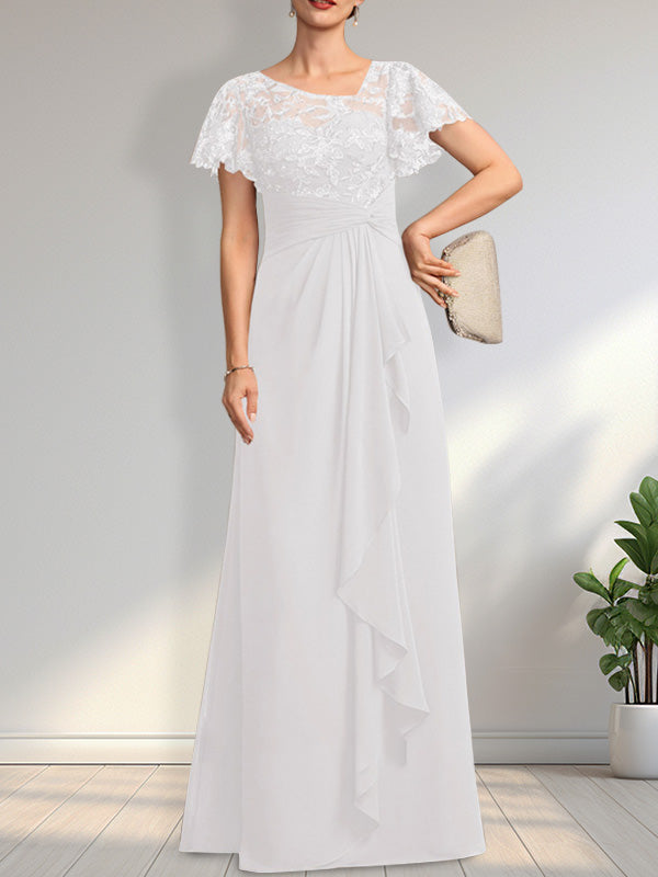 Vestido de madre de la novia de gasa con encaje, ilusión asimétrica, largo hasta el suelo, con volantes en cascada y lentejuelas. 
