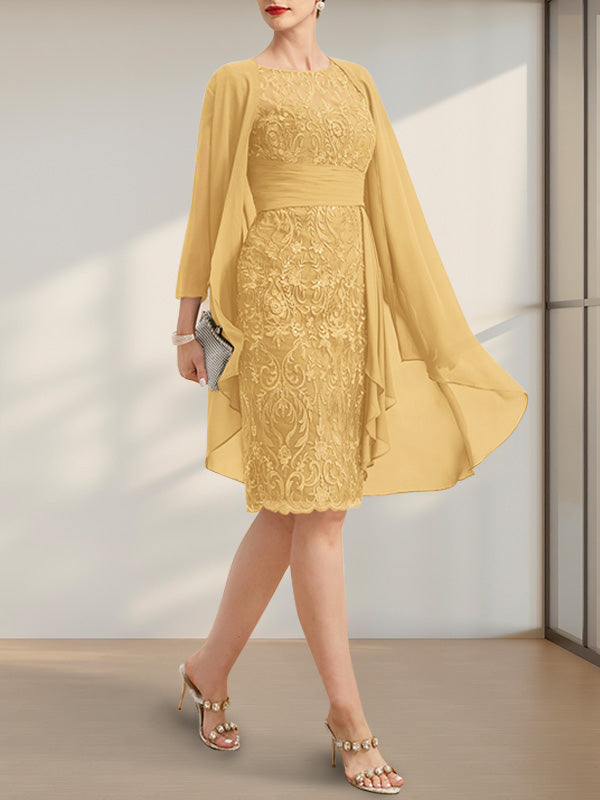 Etuikleid/Säulenkleid mit Illusion-Ausschnitt, knielang, aus Chiffon mit Spitze, Kaskadenrüschen und Pailletten für die Mutter der Braut