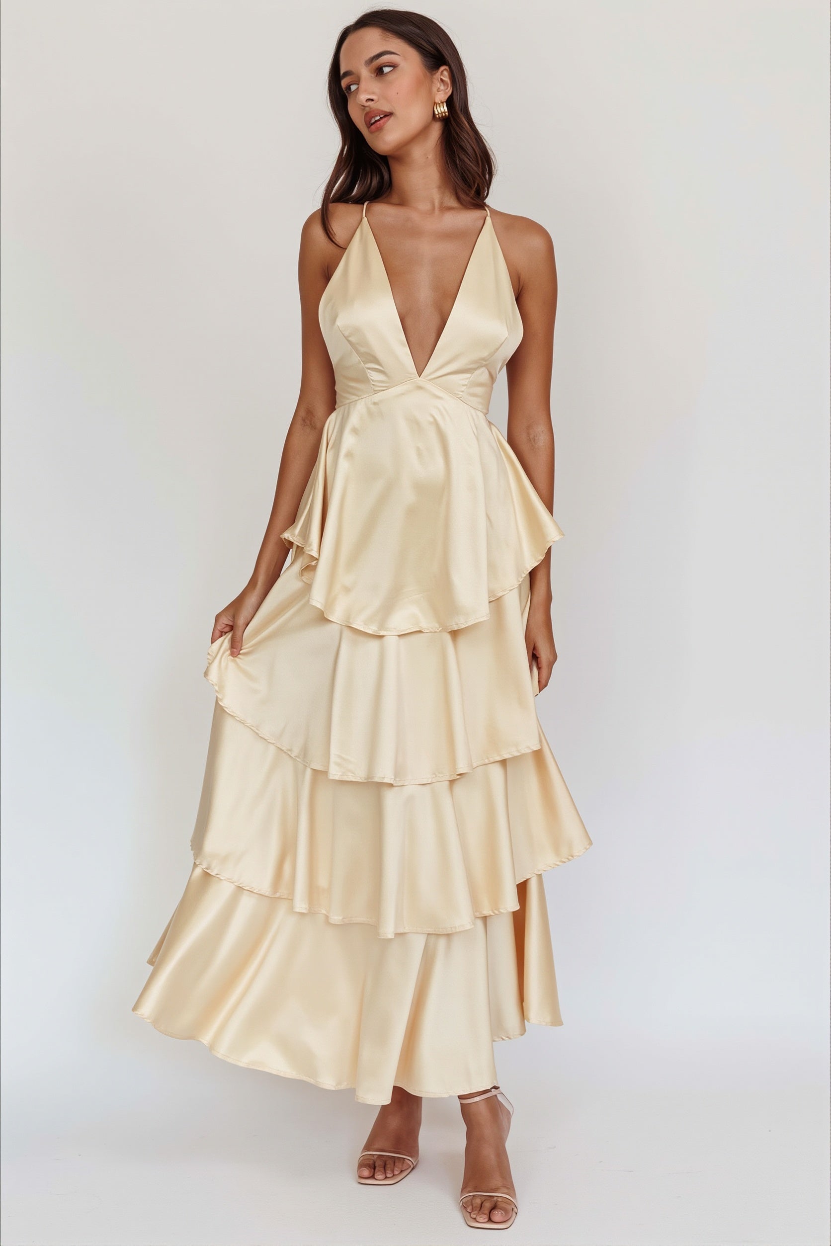 Satin V-Neck Cami Tiered Slim Maxi Dress