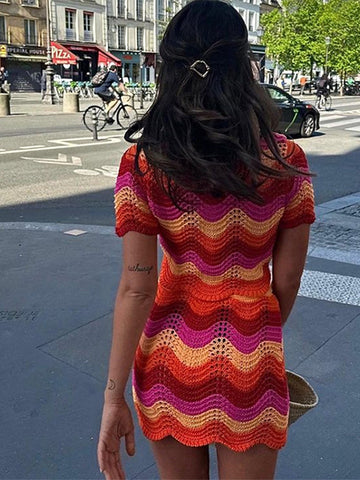 Conjunto de falda corta tejida con rayas de ondas dulces para mujer, conjunto de dos piezas de verano 2024, top de manga corta para mujer, minifaldas. 