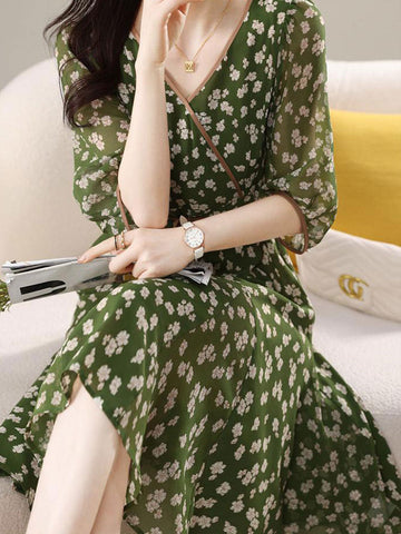 Retro Blumen Wickelkleid mit Taillenbund - Grün Kurz 