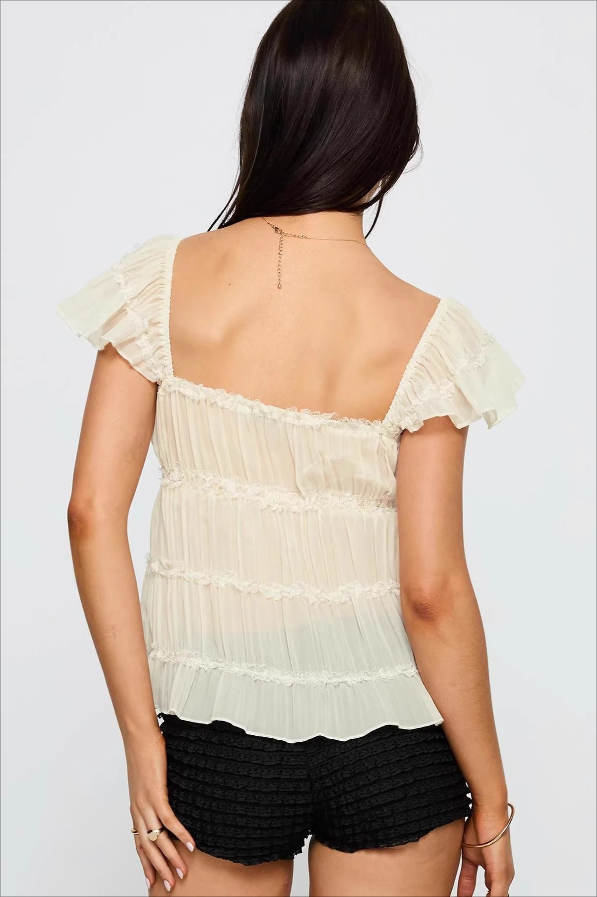Sweet Lace Panel Ruffle Sleeve Cami Top