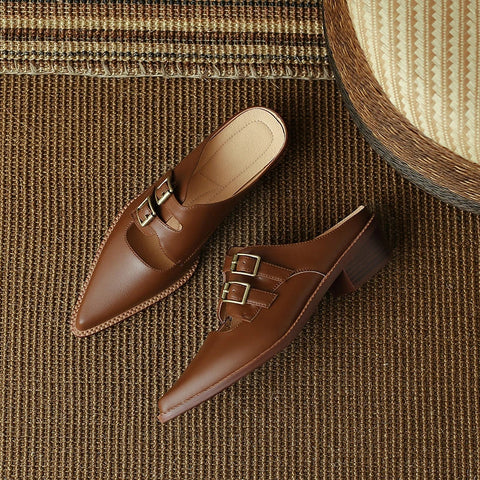 Zapatos de verano para mujer, de piel auténtica, con puntera cubierta y tacón grueso, sandalias con tira trasera, pantuflas hechas a mano. 