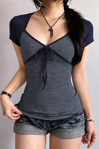 Striped Color Block Tie Fake Two Blouse
