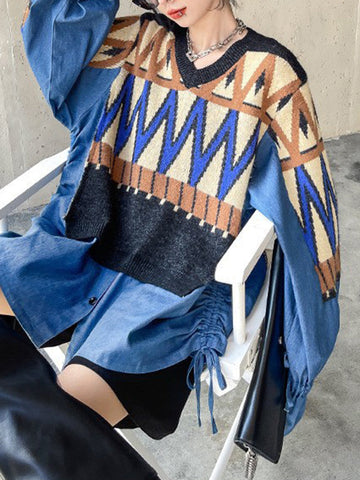 False Two Long Sleeves Drawstring Split-Joint V-Neck Sweater