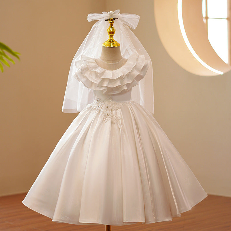 Kommunionkleid für Kleinkinder, Mädchenhochzeitskleid, weißes ärmelloses flauschiges Blumenmädchenkleid, Taufkleid 