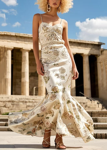 Französische Aprikosen-Vestidos mit Blumenmuster, Wickelkleider, extra großer Saum 