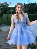 Kurzes, a-Linienförmiges Homecoming-Kleid aus rosafarbenem Tüll mit Applikationen