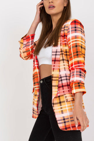Lässiger Blazer für Damen, Farbe kariert, langärmelig, vorne offen, für die Arbeit im Büro, Anzugjacke mit Tasche 