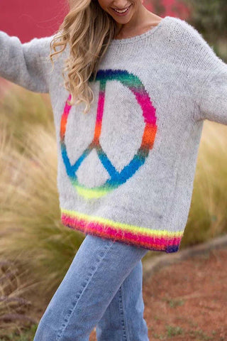 Love and Peace Strickpullover mit Regenbogenmuster, lockerer Pullover 