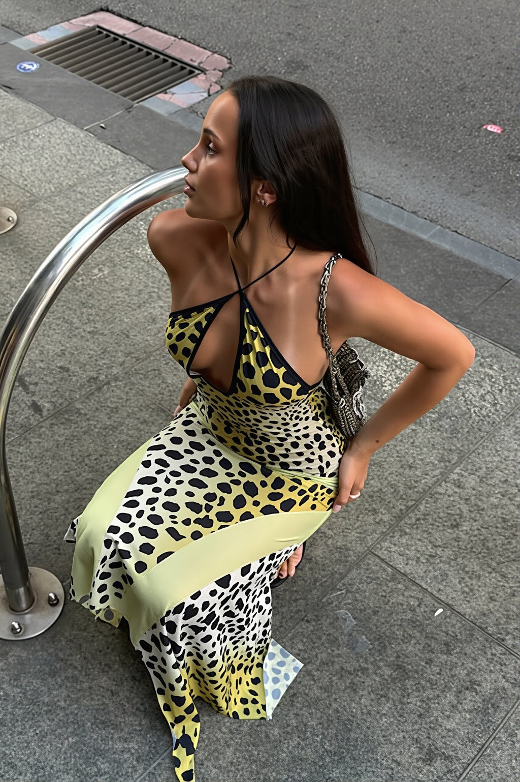 Sexy Leopard Halter Bust Cutout Back Slit Asymmetrical Maxi Dress