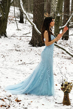 Meerjungfrauen-Abendkleid mit Spaghettiträgern, blau, lang, rückenfrei