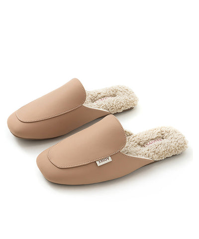 Zapatillas de piel sintética color rojo ladrillo para mujer, forradas en lana afelpada 