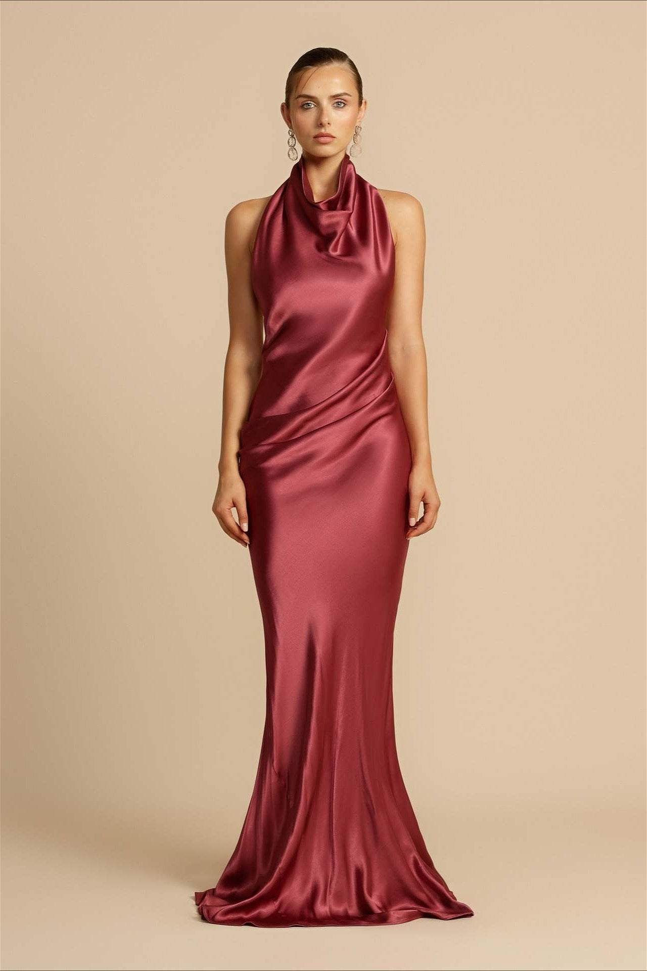 Solid Satin Halter Backless Maxi Dress